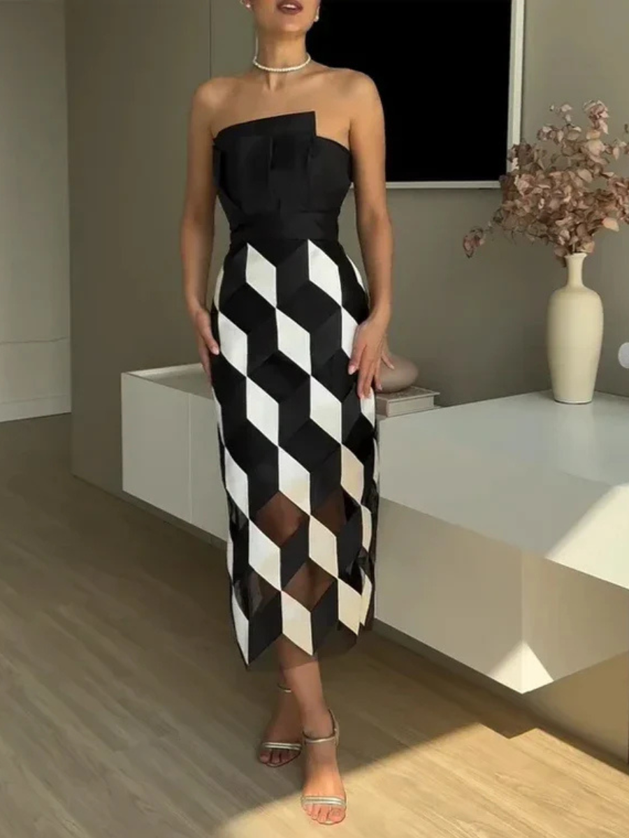 Vestido Midi Sem Alças Preto e Branco Vivella Noir