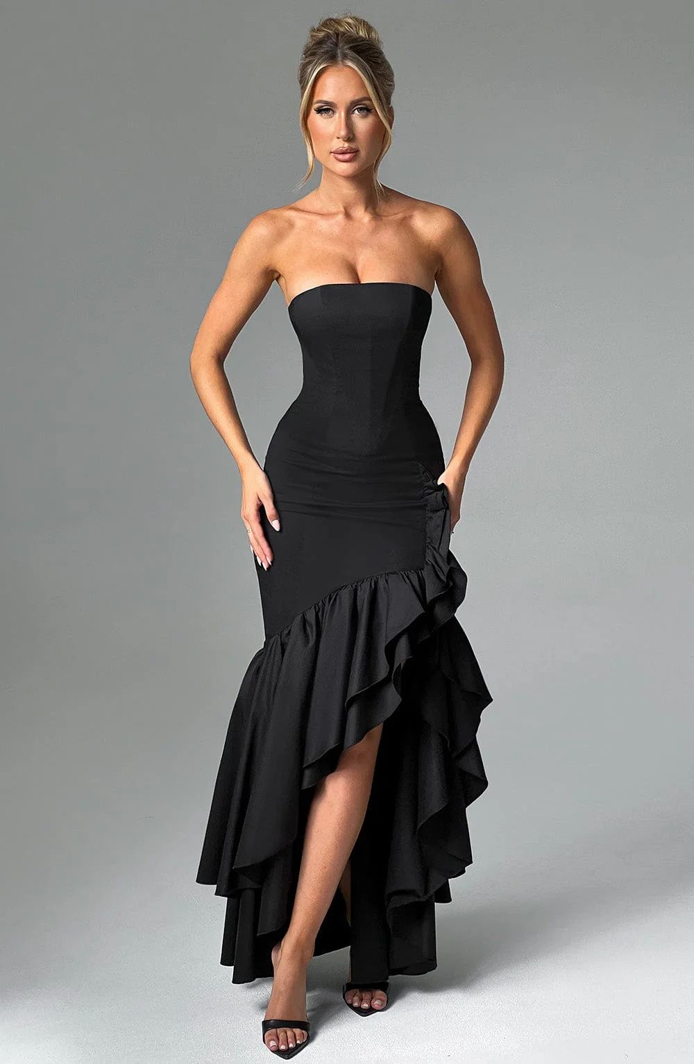 Vestido Longo com Fenda de Babados Vivella Angelina