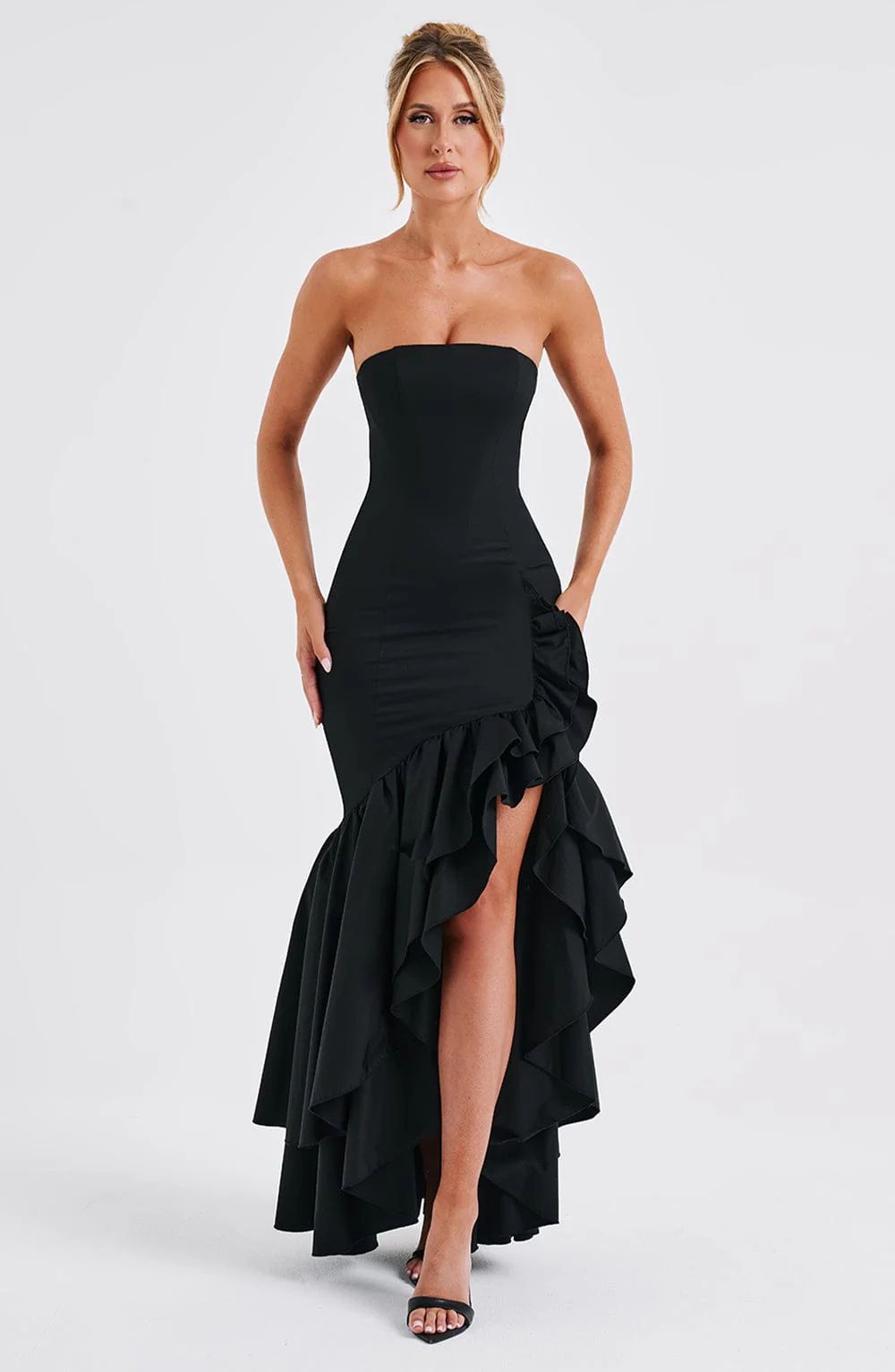 Vestido Longo com Fenda de Babados Vivella Angelina