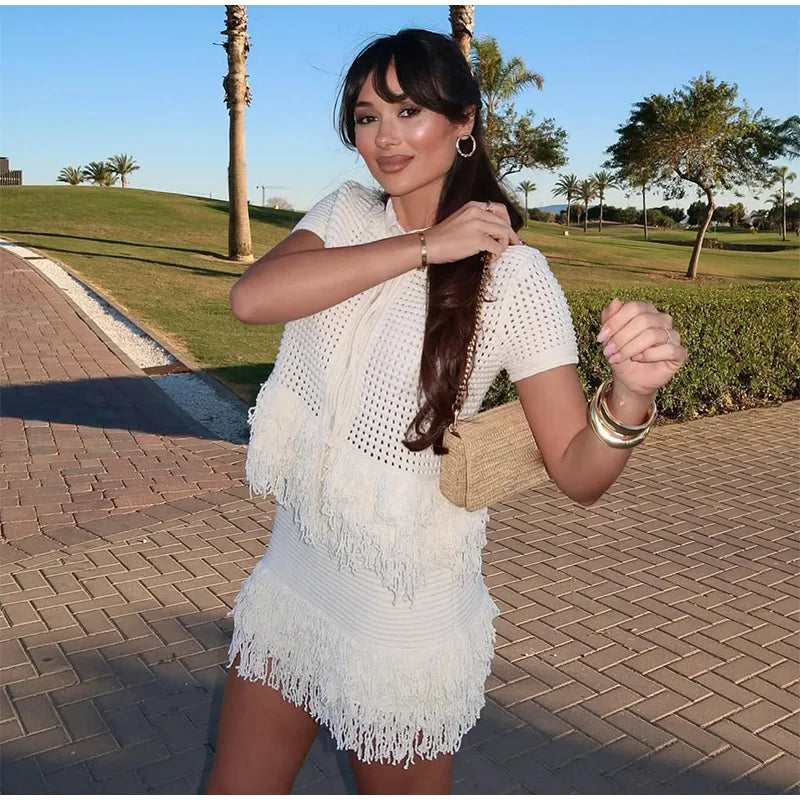 Conjunto Tricô Blusa e Saia com Franja Vivella Clara