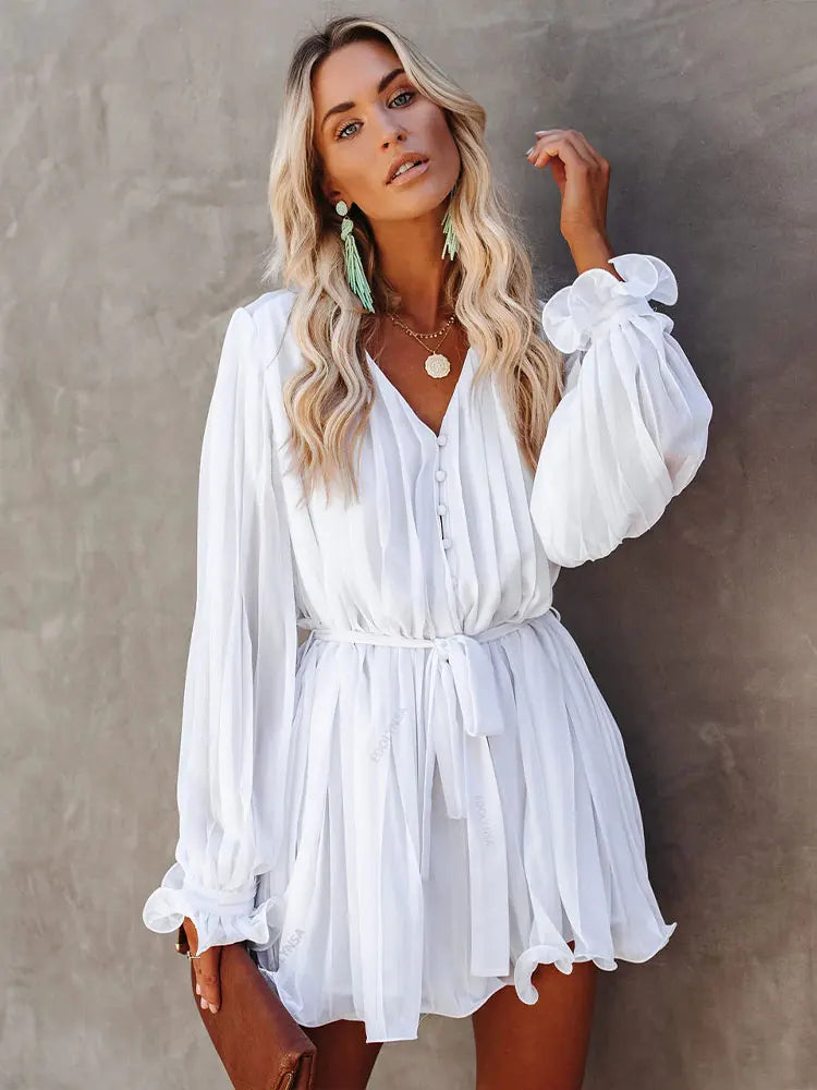 Vestido Manga Longa Plissado Tendência Boho Chic Vivella Helise