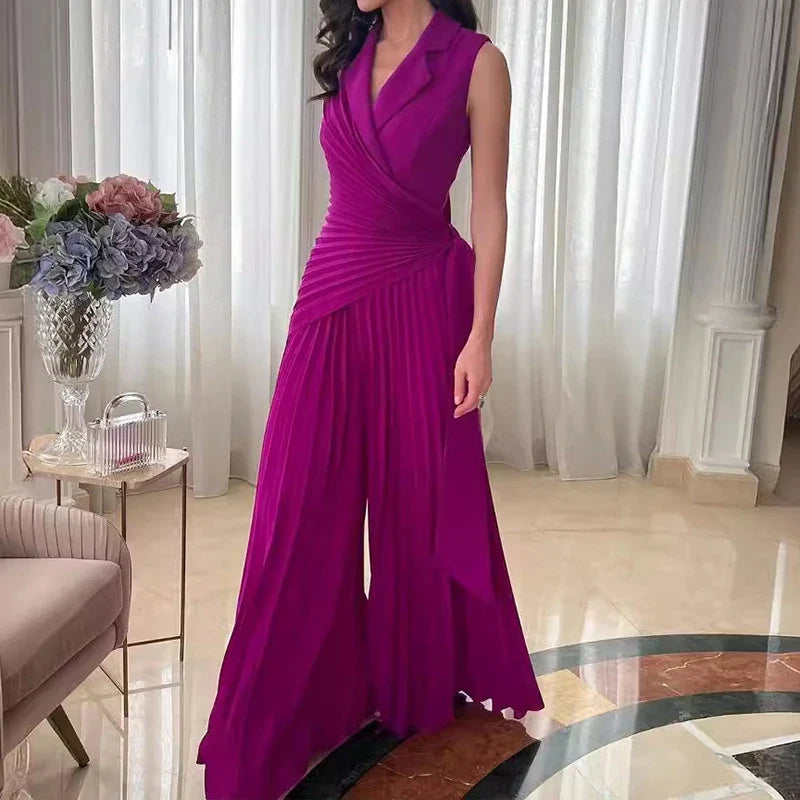 Macacão Longo Chiffon Plissado Pantalona com Cinto Vivella Dilena