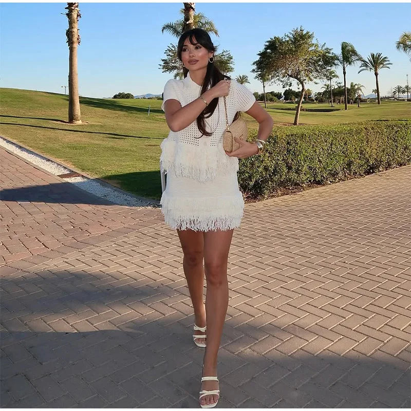 Conjunto Tricô Blusa e Saia com Franja Vivella Clara