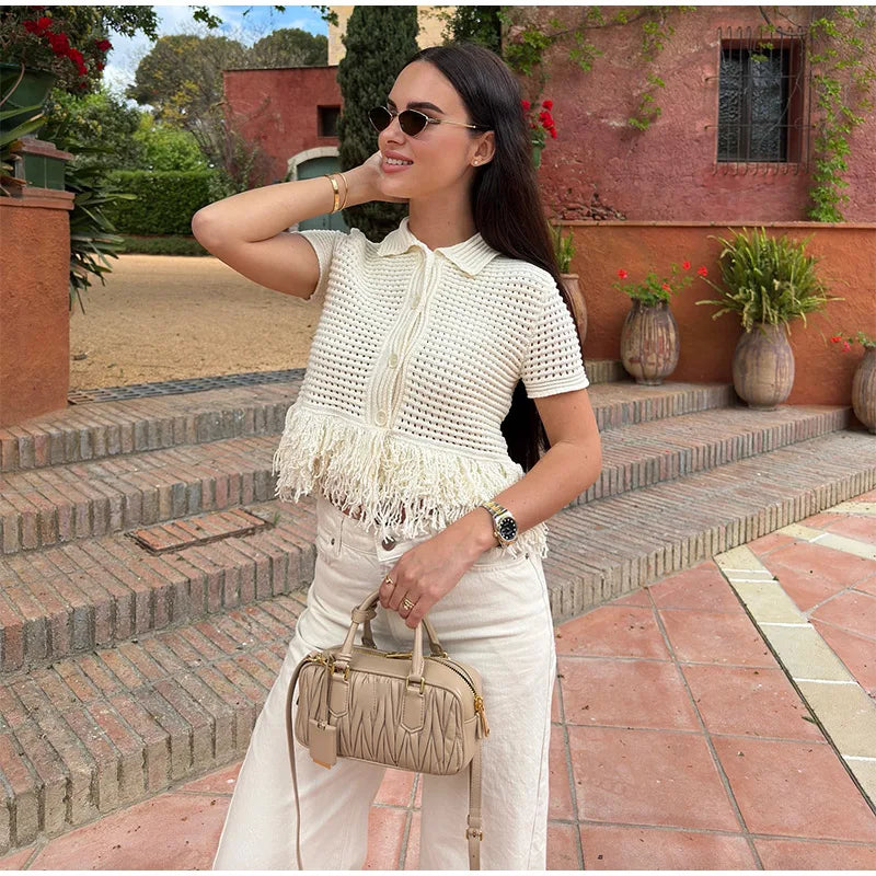 Conjunto Tricô Blusa e Saia com Franja Vivella Clara