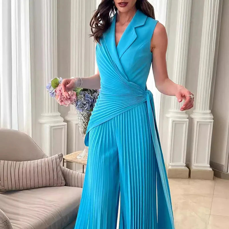 Macacão Longo Chiffon Plissado Pantalona com Cinto Vivella Dilena