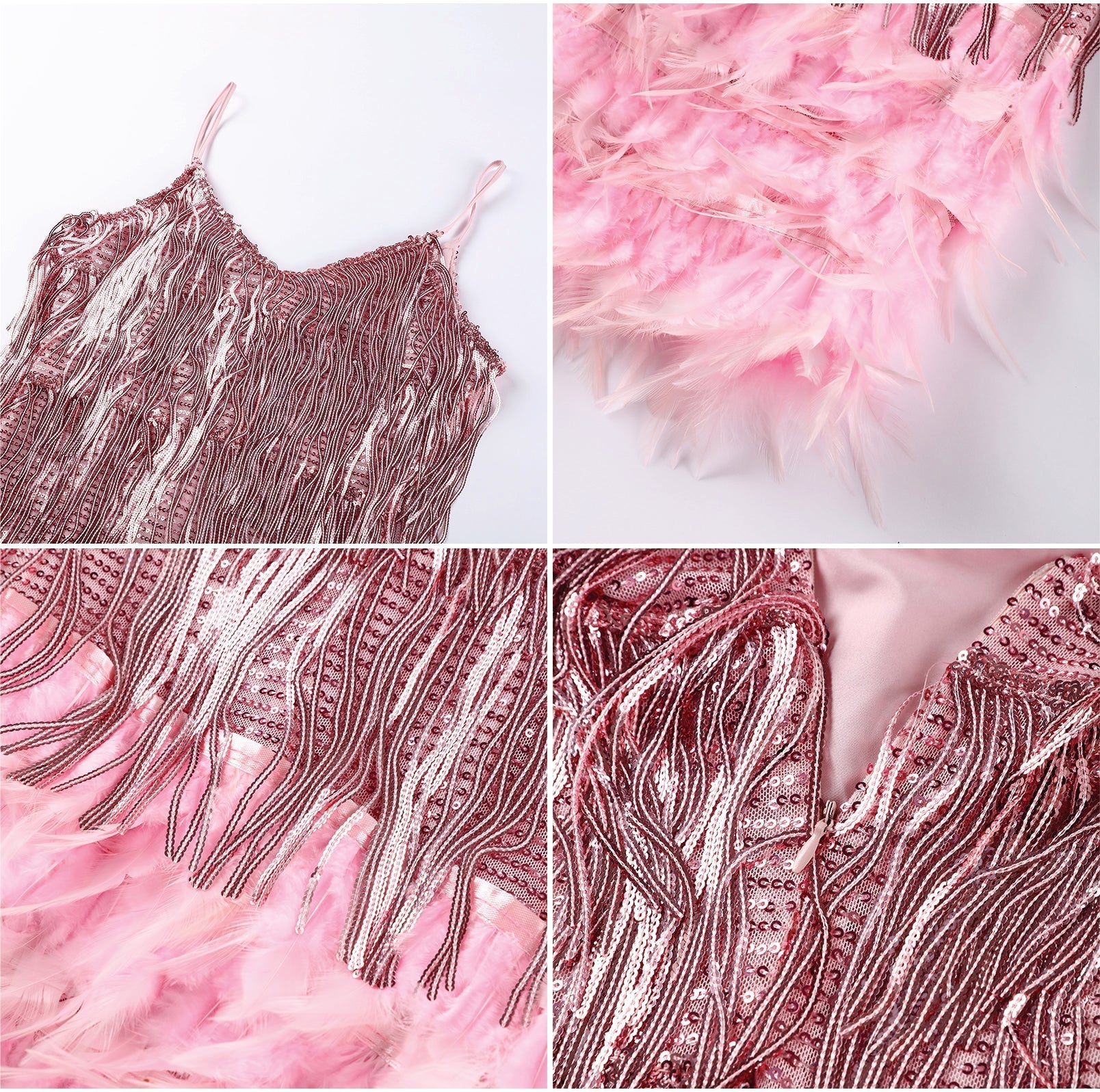 Vestido de Paetê Com Franjas e Plumas Vivella Caterine
