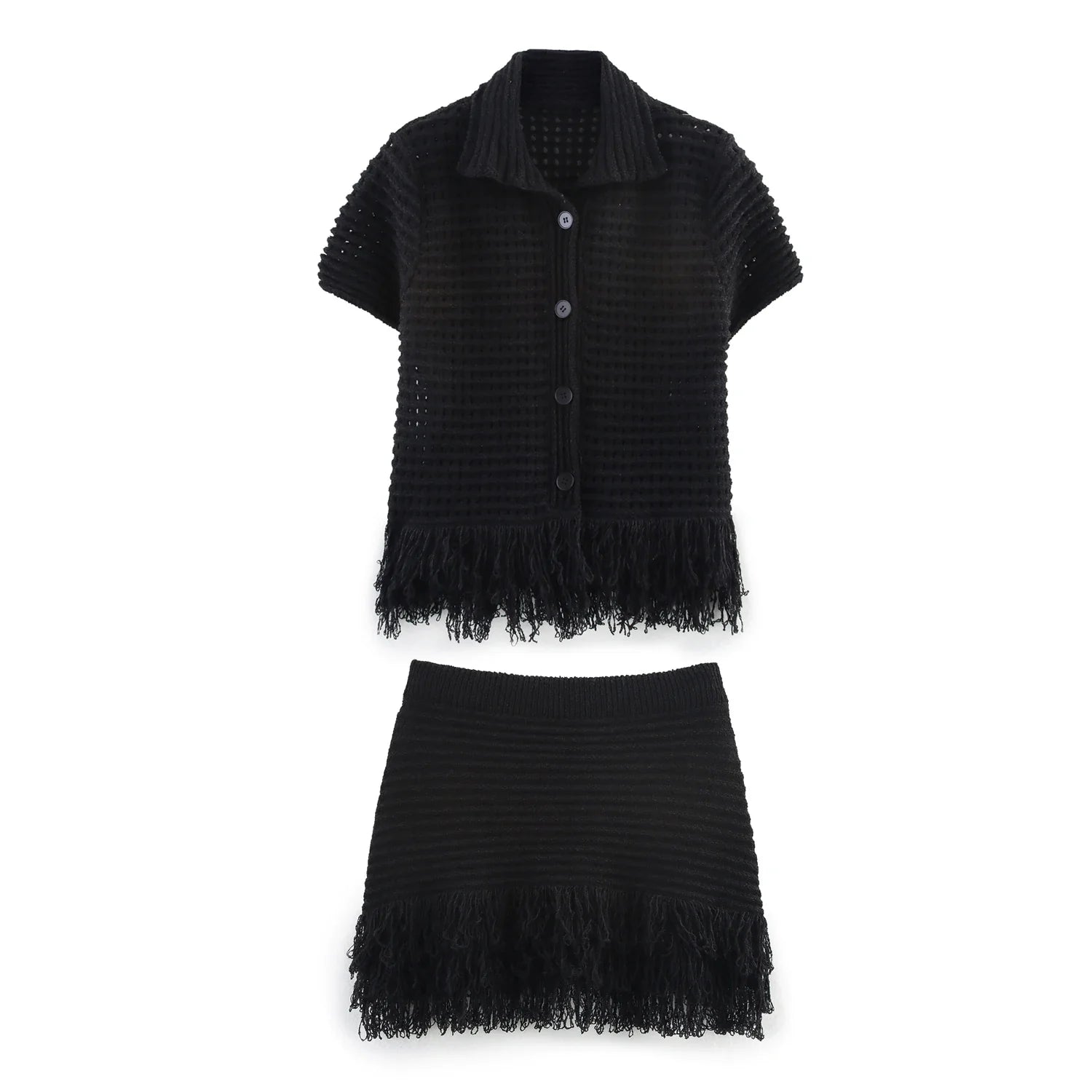Conjunto Tricô Blusa e Saia com Franja Vivella Clara