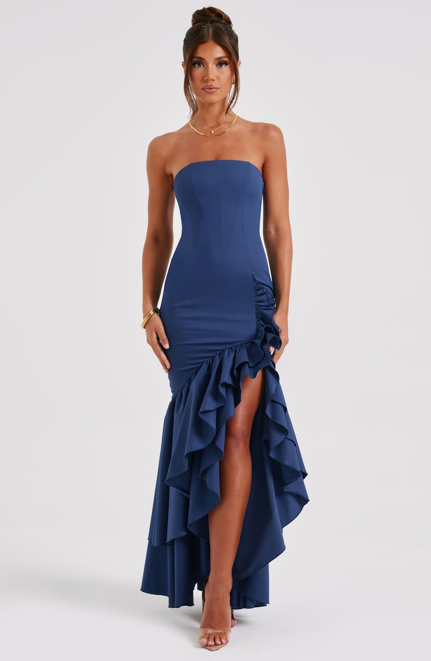Vestido Longo com Fenda de Babados Vivella Angelina