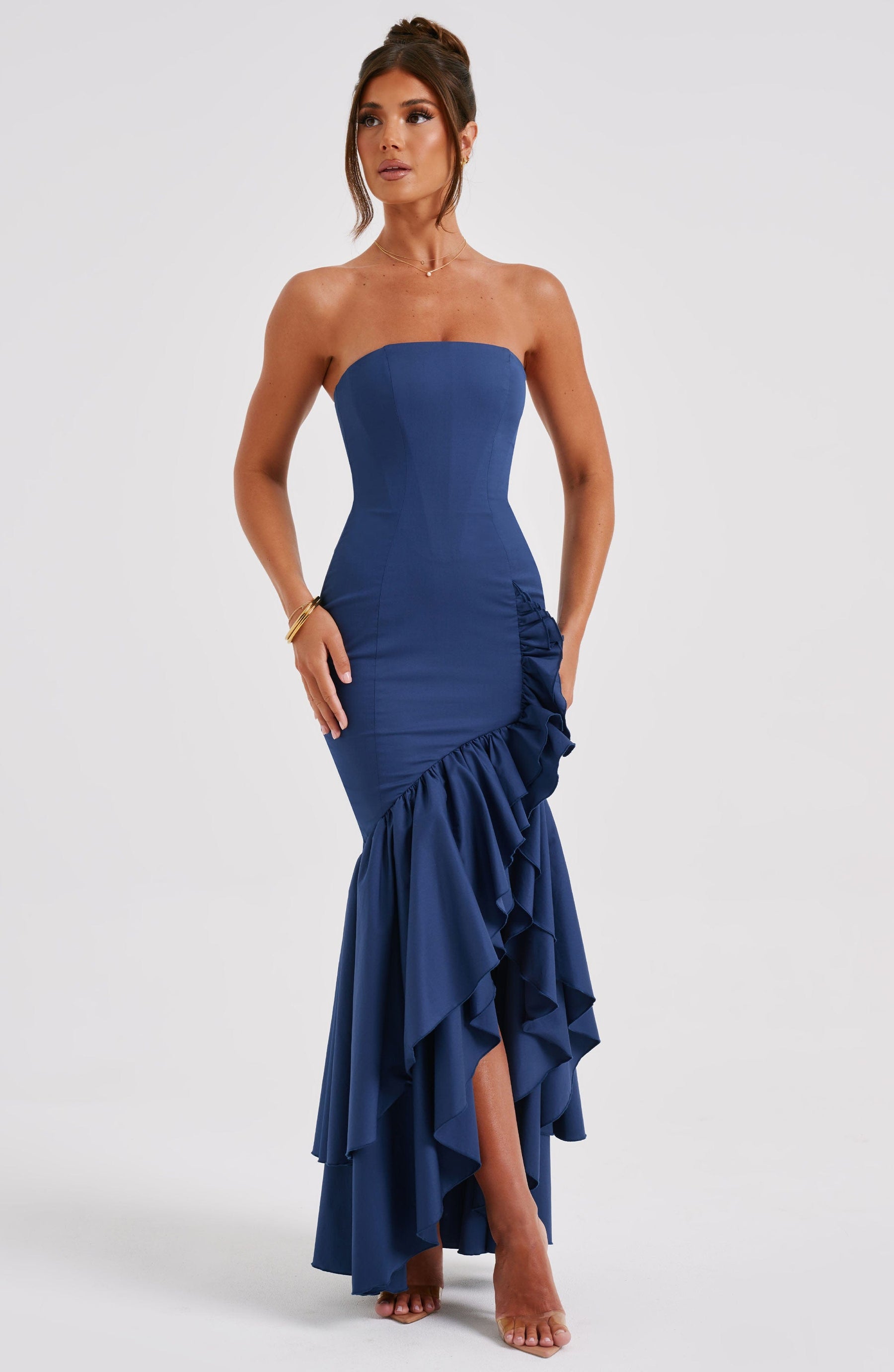 Vestido Longo com Fenda de Babados Vivella Angelina