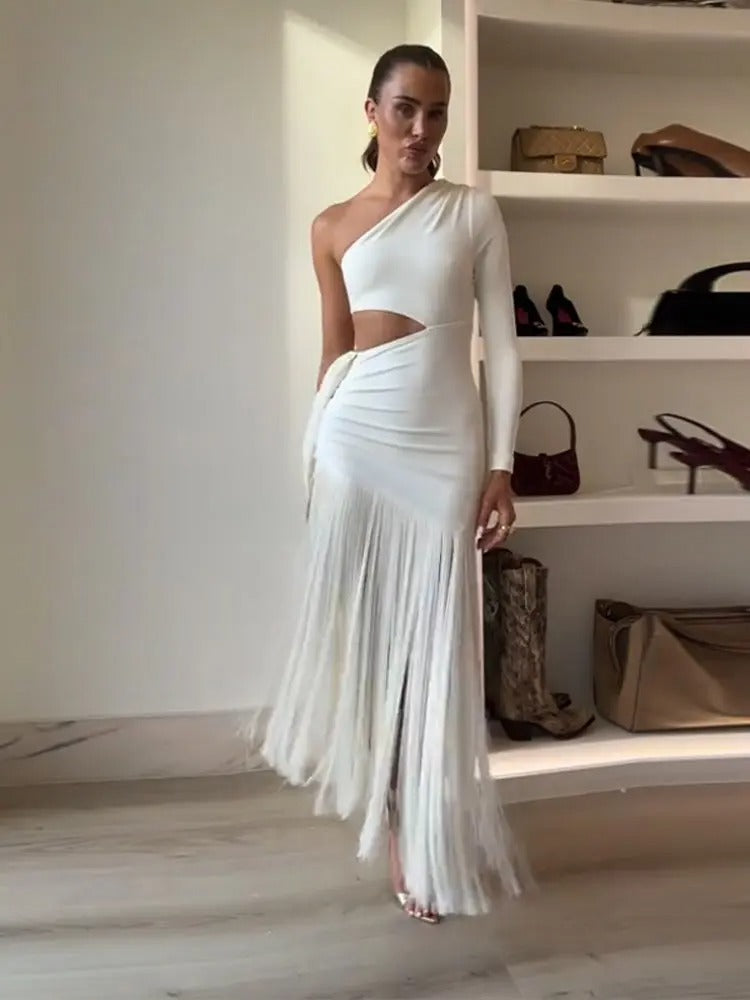 Vestido Ombro Só com Franjas Vivella Élan