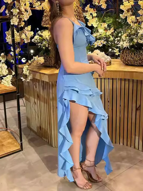 Vestido Longo com Fenda e Babado Vivella Sofia