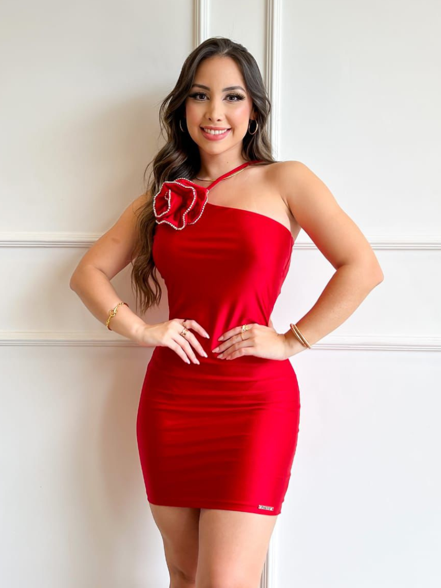 Vestido Curto Tubinho Aplique Removível de Flor Vivella Flory
