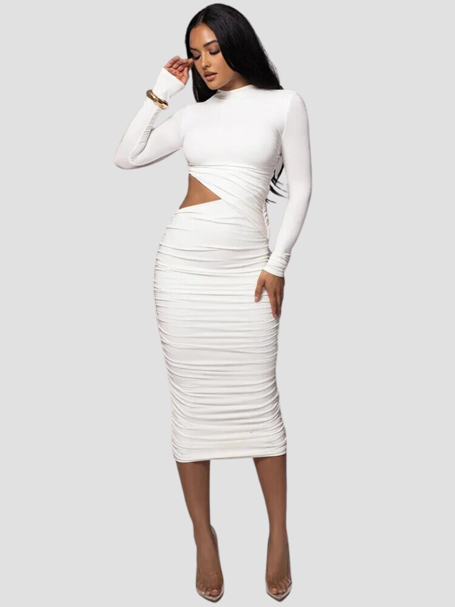 Vestido Mid Justo Modelador de Manga Longa Vivella Késia