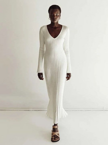 Vestido Midi de Malha com Decote em V e Manga Vivella Veneza
