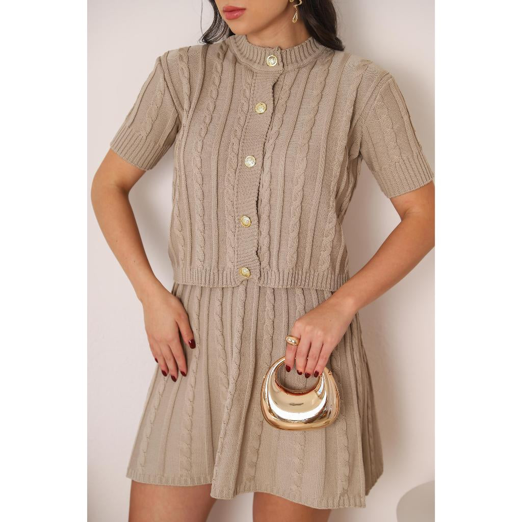 Conjunto Tricot Saia Curta e Blusa Meia Manga com Botões Vivella Lívia