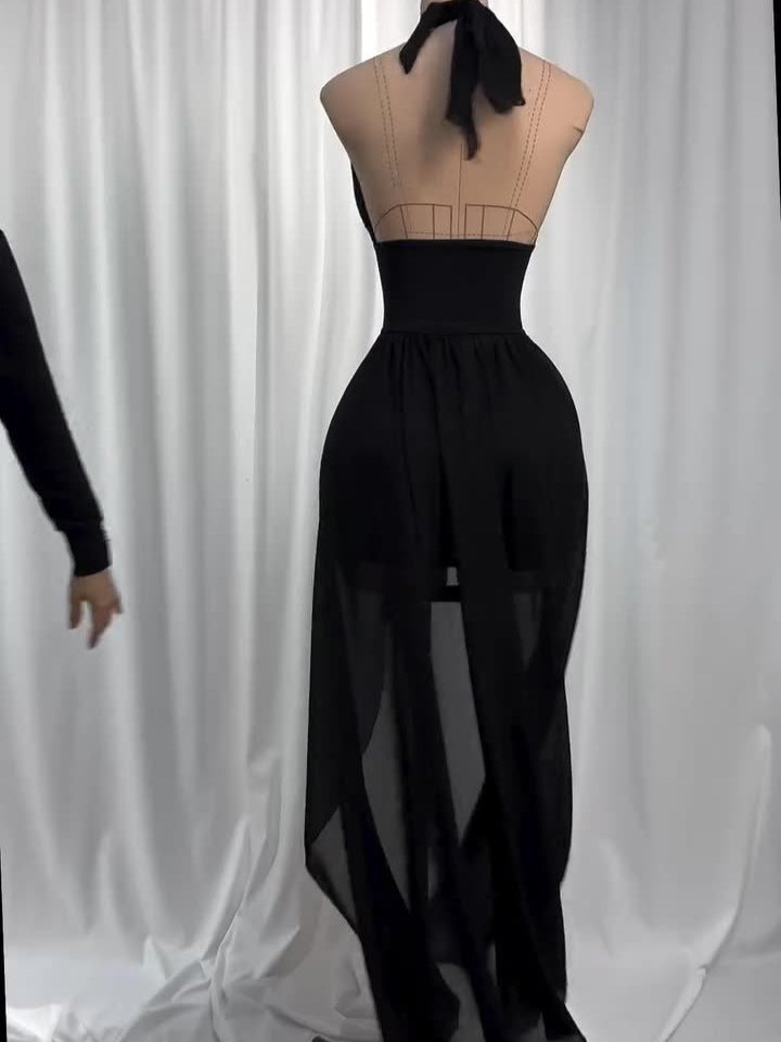 Vestido Frente Única de Tule e Amarrações Preto Vivella Harley