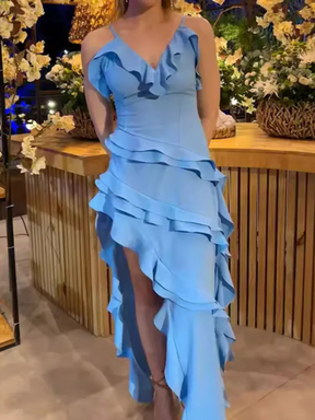 Vestido Longo com Fenda e Babado Vivella Sofia