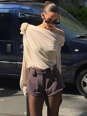Blusa Feminina Manga Longa com Flor em Chiffon Vivella Ella
