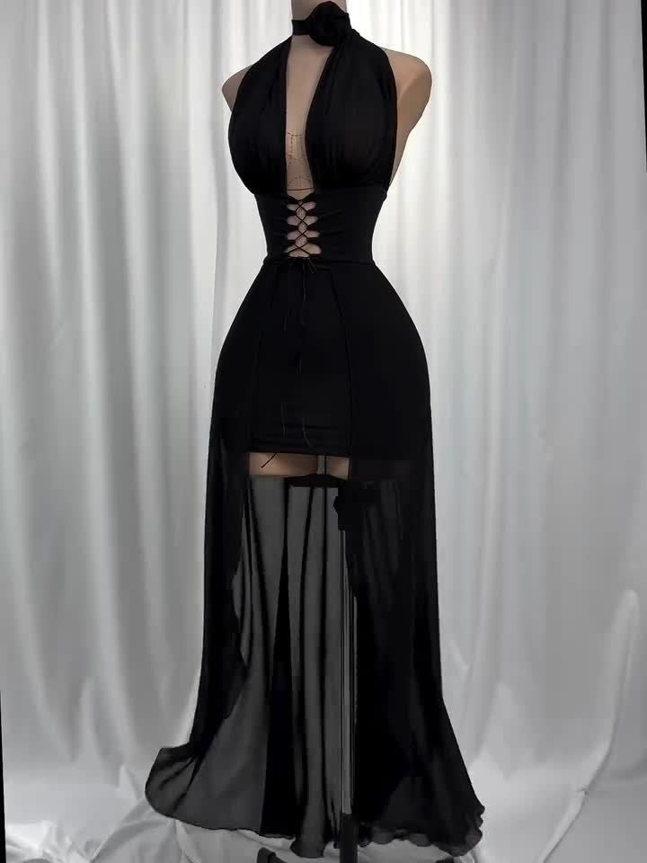Vestido Frente Única de Tule e Amarrações Preto Vivella Harley