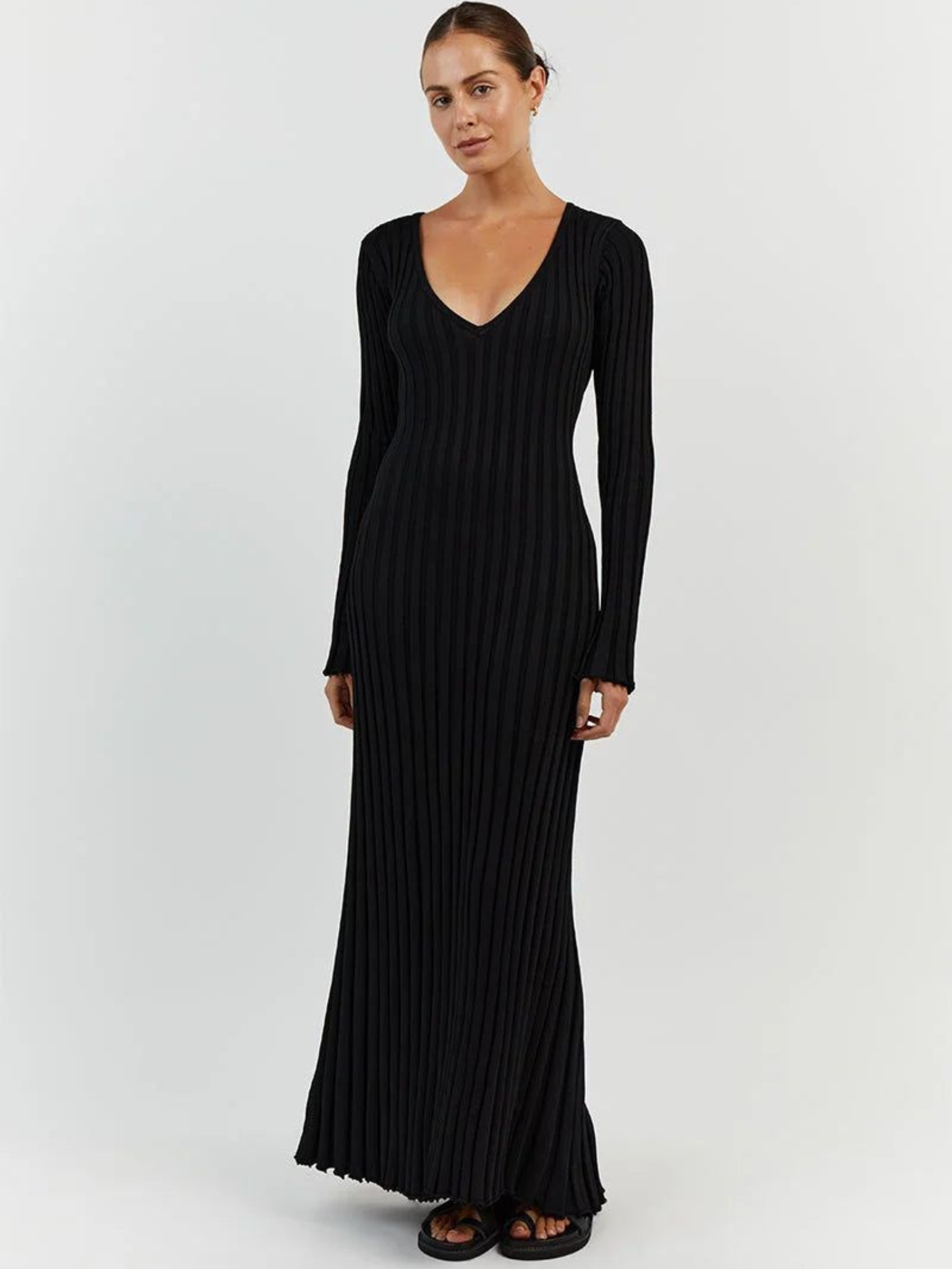 Vestido Midi de Malha com Decote em V e Manga Vivella Veneza
