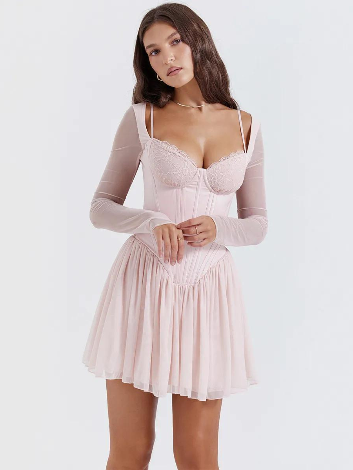 Vestido Curto Modelador Corselet com Mangas em Tule Vivella Angelina - GOLDEN ERA