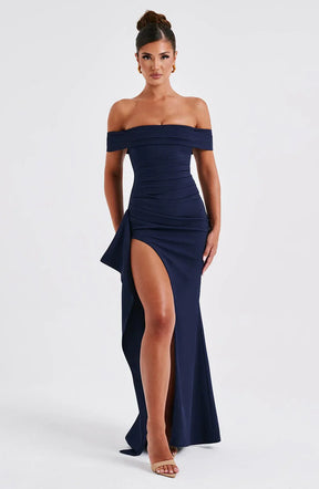 Vestido Longo Ombro a Ombro com Fenda Vivella July
