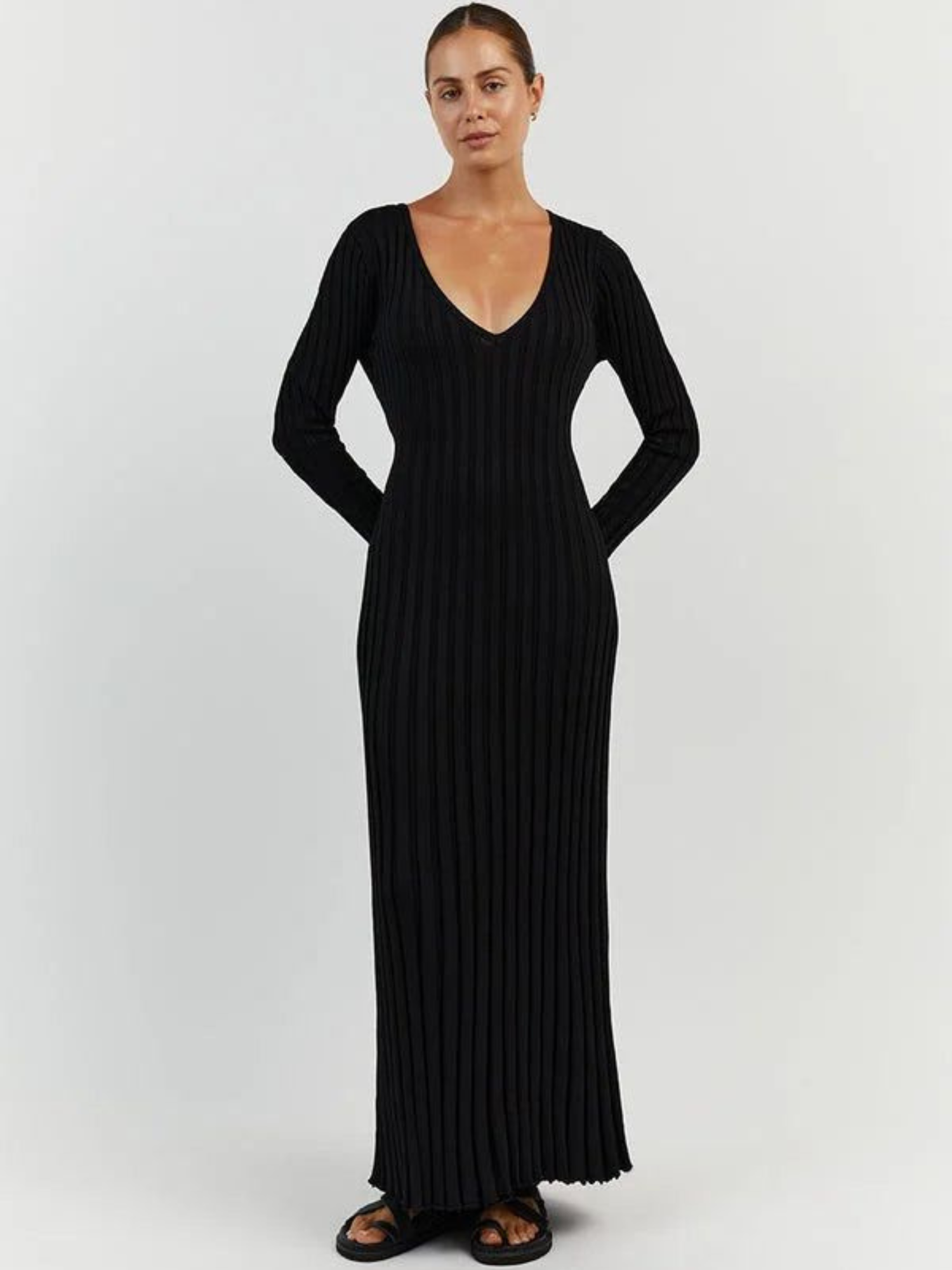 Vestido Midi de Malha com Decote em V e Manga Vivella Veneza