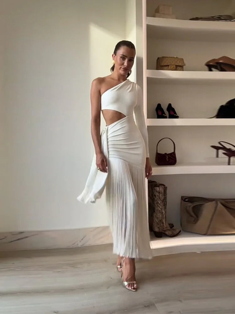 Vestido Ombro Só com Franjas Vivella Élan