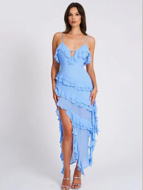 Vestido Longo com Fenda e Babado Vivella Sofia