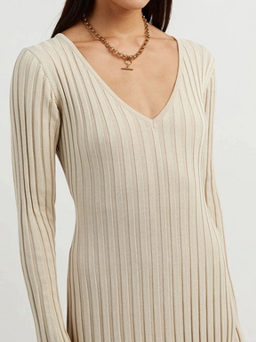 Vestido Midi de Malha com Decote em V e Manga Vivella Veneza