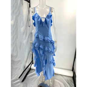 Vestido Longo com Fenda e Babado Vivella Sofia