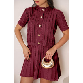 Conjunto Tricot Saia Curta e Blusa Meia Manga com Botões Vivella Lívia