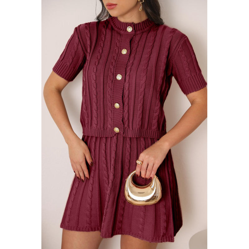 Conjunto Tricot Saia Curta e Blusa Meia Manga com Botões Vivella Lívia
