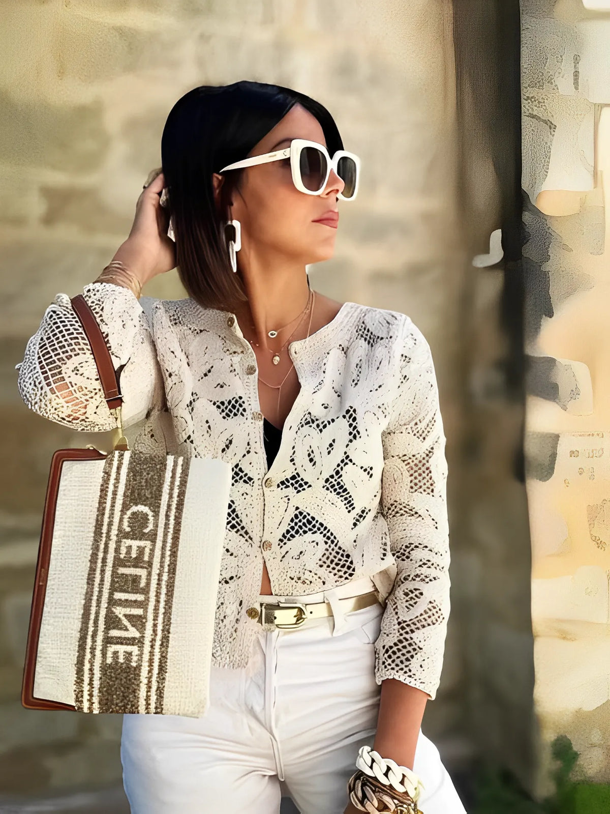 Camisa Feminina Manga Longa de Crochê com Botões Vivella Isabel
