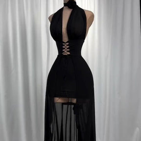 Vestido Frente Única de Tule e Amarrações Preto Vivella Harley