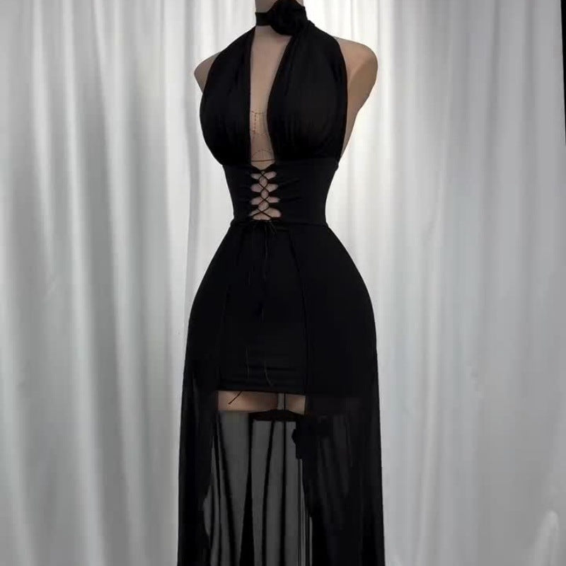 Vestido Frente Única de Tule e Amarrações Preto Vivella Harley
