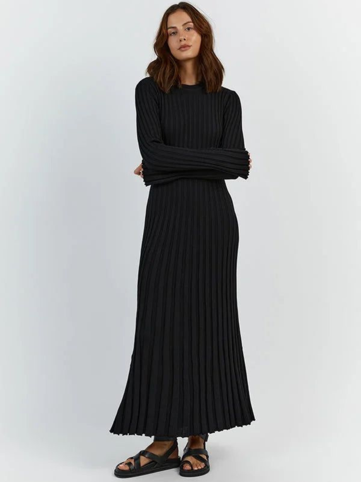 Vestido Midi de Malha com Gola Redonda e Mangas Vivella Veneza