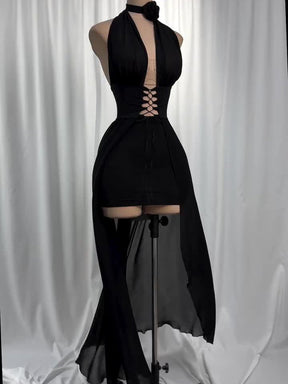 Vestido Frente Única de Tule e Amarrações Preto Vivella Harley