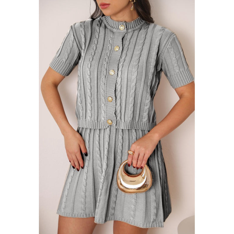 Conjunto Tricot Saia Curta e Blusa Meia Manga com Botões Vivella Lívia