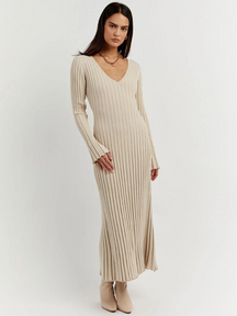 Vestido Midi de Malha com Decote em V e Manga Vivella Veneza