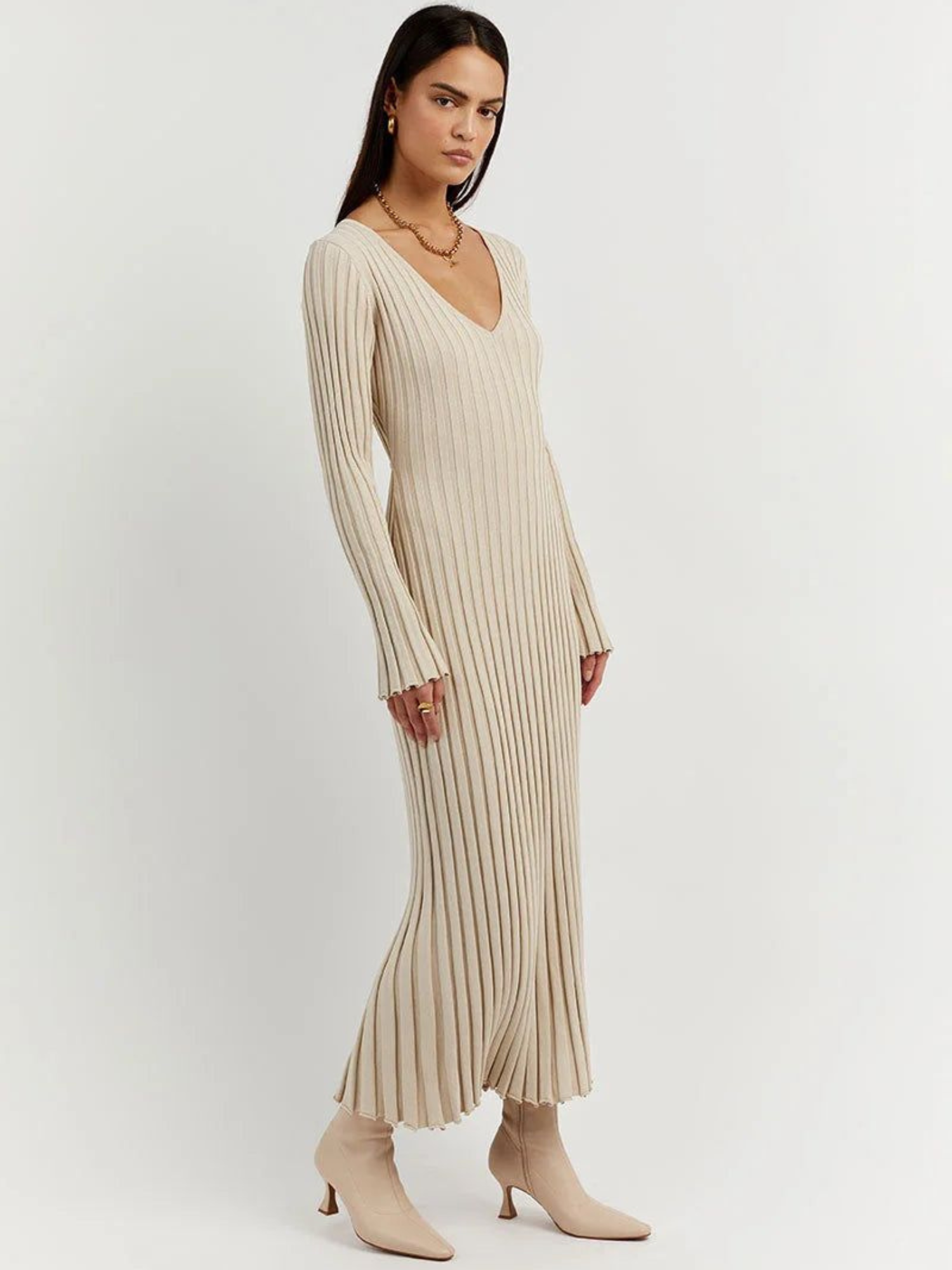 Vestido Midi de Malha com Decote em V e Manga Vivella Veneza