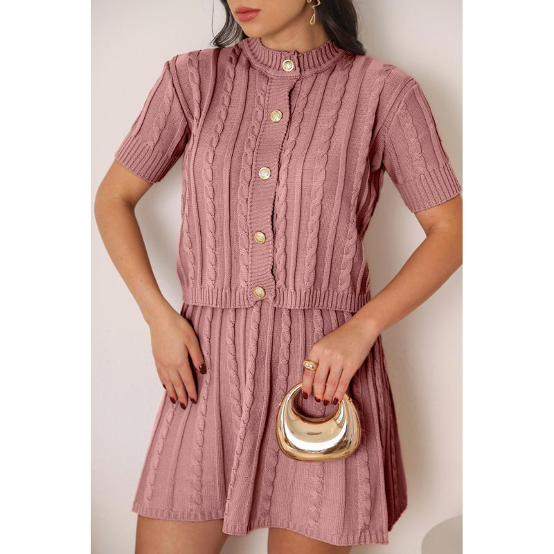 Conjunto Tricot Saia Curta e Blusa Meia Manga com Botões Vivella Lívia