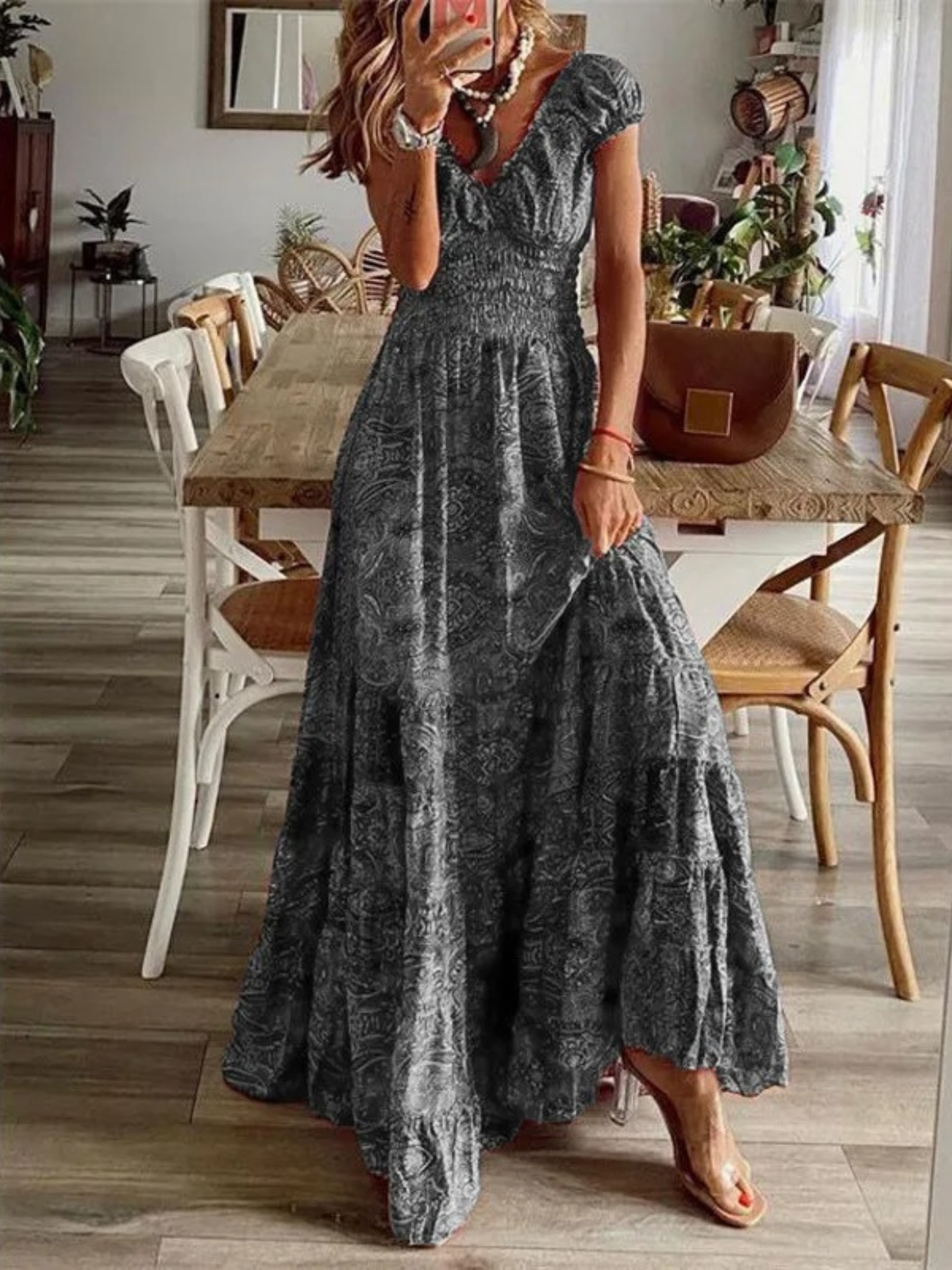 Vestido Vintage Maxi com Elástico na Cintura Vivella Ana