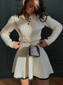 Conjunto Tricô Cropped Manga Comprida e Saia Vivella Antonella