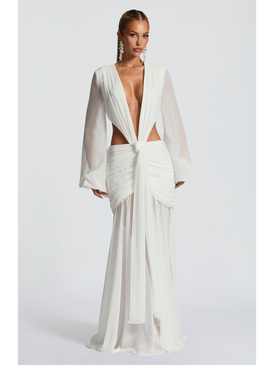 Vestido Longo Manga Comprida em Tule Vivella Kyra