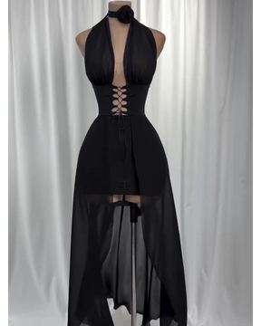Vestido Frente Única de Tule e Amarrações Preto Vivella Harley