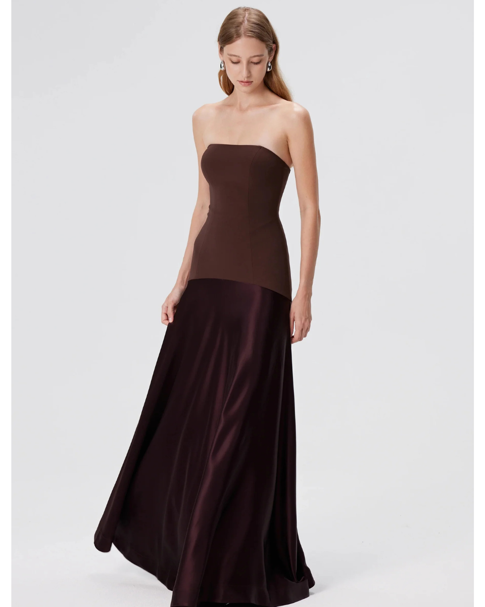 Vestido Longo Sem Alças Saia em Cetim Vivella Elysia