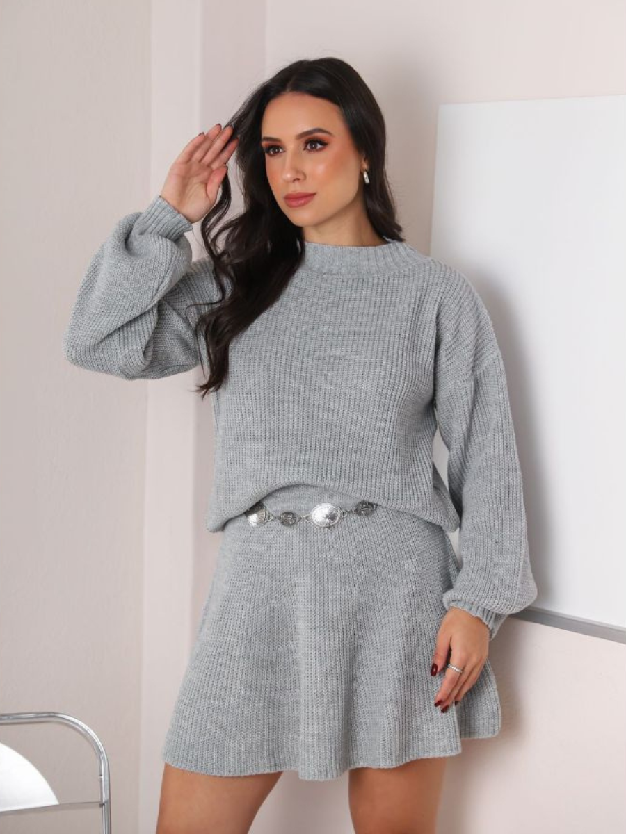 Conjunto Tricot Saia Godê e Blusa Manga Bufante Vivella Luiza