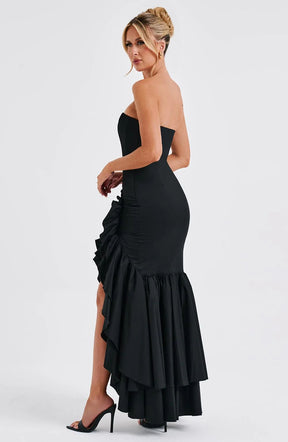 Vestido Longo com Fenda de  Babados Vivella Angelina