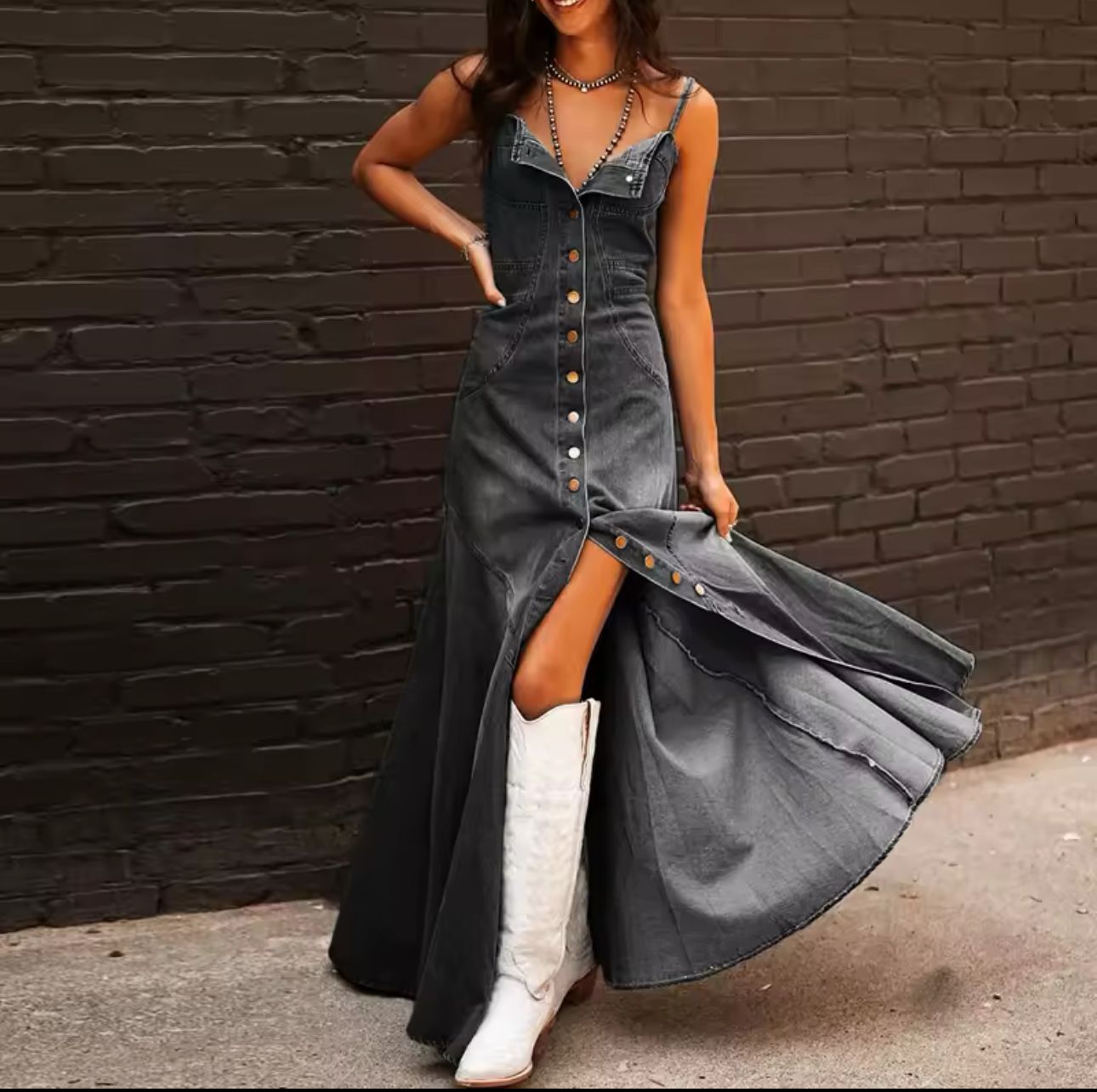 Vestido Longo Jeans com Botões Vivella Betina